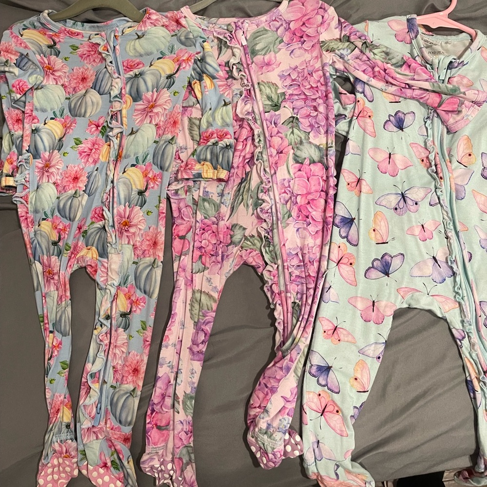 Set of 3 bamboo footie pajamas from Bums & Roses and Posh Peanut.